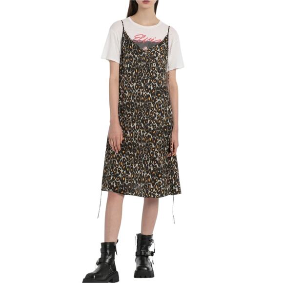 R13 Midi Slip Dress With Back Tie Grey Orange Leopard - Picture 3 of 16